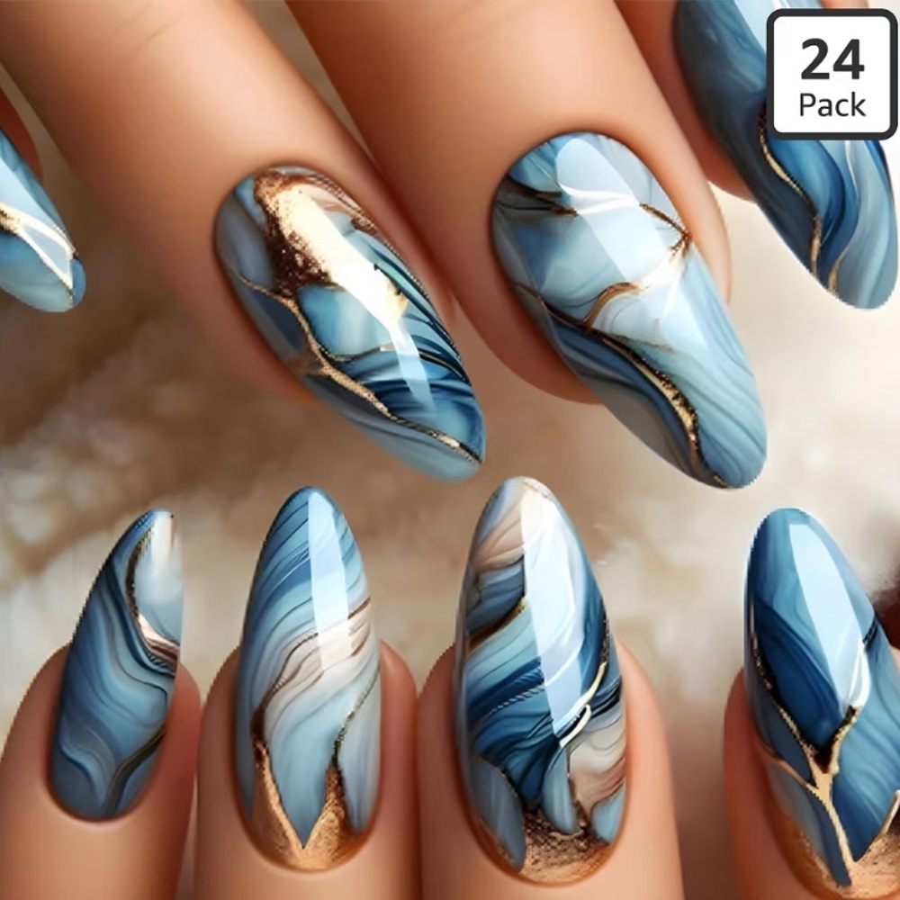 Blue & Gold Glitter Sparkly Marble Press on Nails Almond Fake Nails Marble 24Pcs